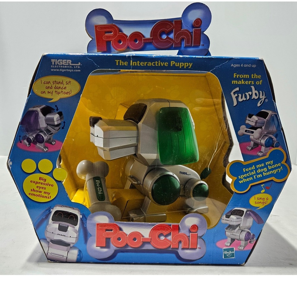 Poo-Chi Interactive Puppy Tiger Electronics Silver Green Vintage 2000 NIB